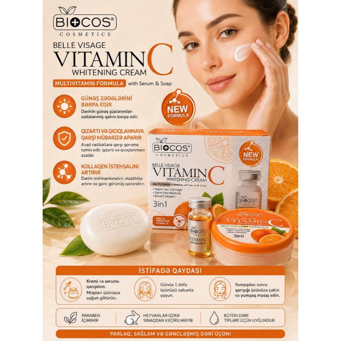 Biocos Belle Visage Vitamin C Whitening Cream – Vitamin C Tərkibli Ağardıcı və Parlaqlıq Verən Üz Kremi