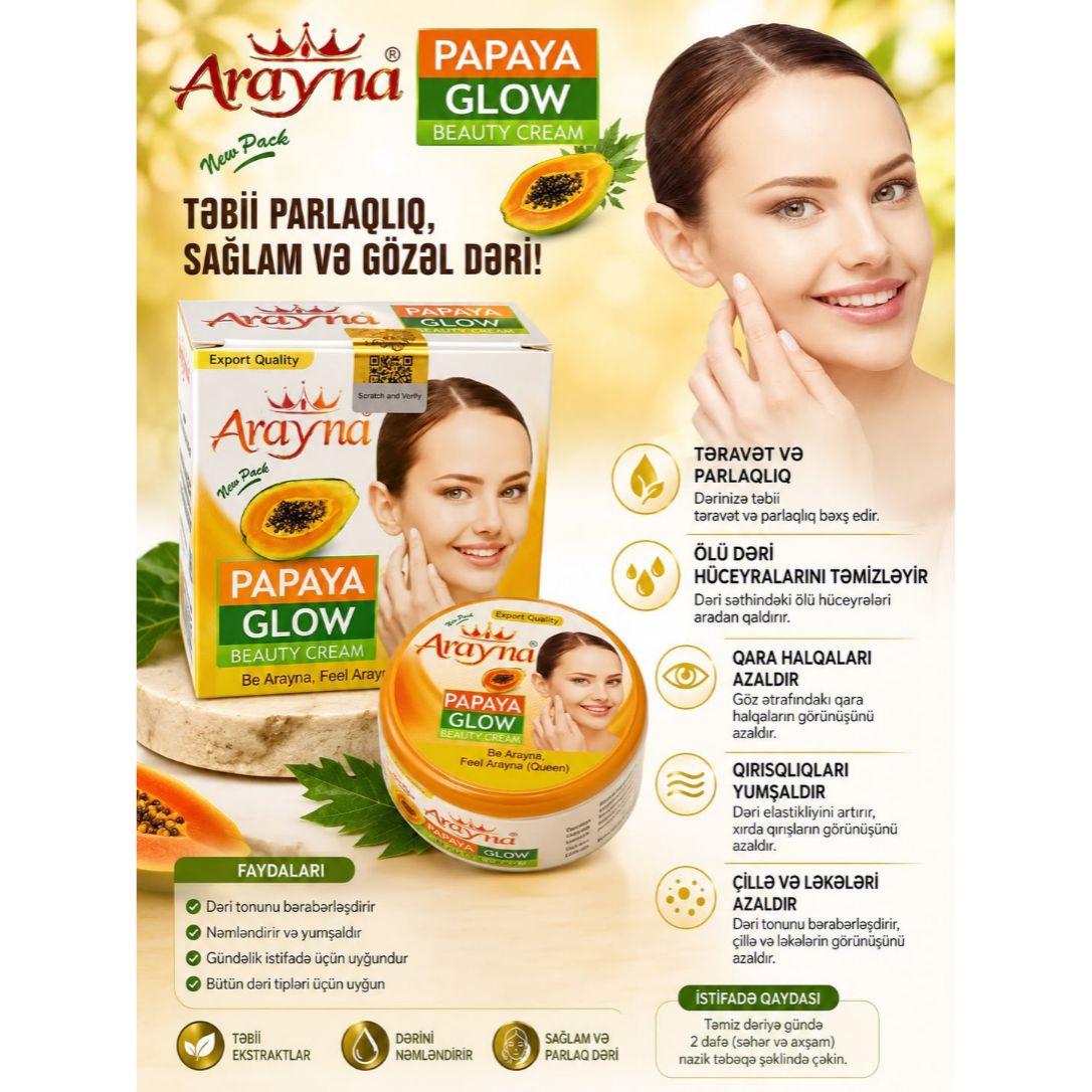Arayna Papaya Glow Beauty Cream – Papaya Ekstraktlı Parlaq və Nəmləndirici Üz Kremi